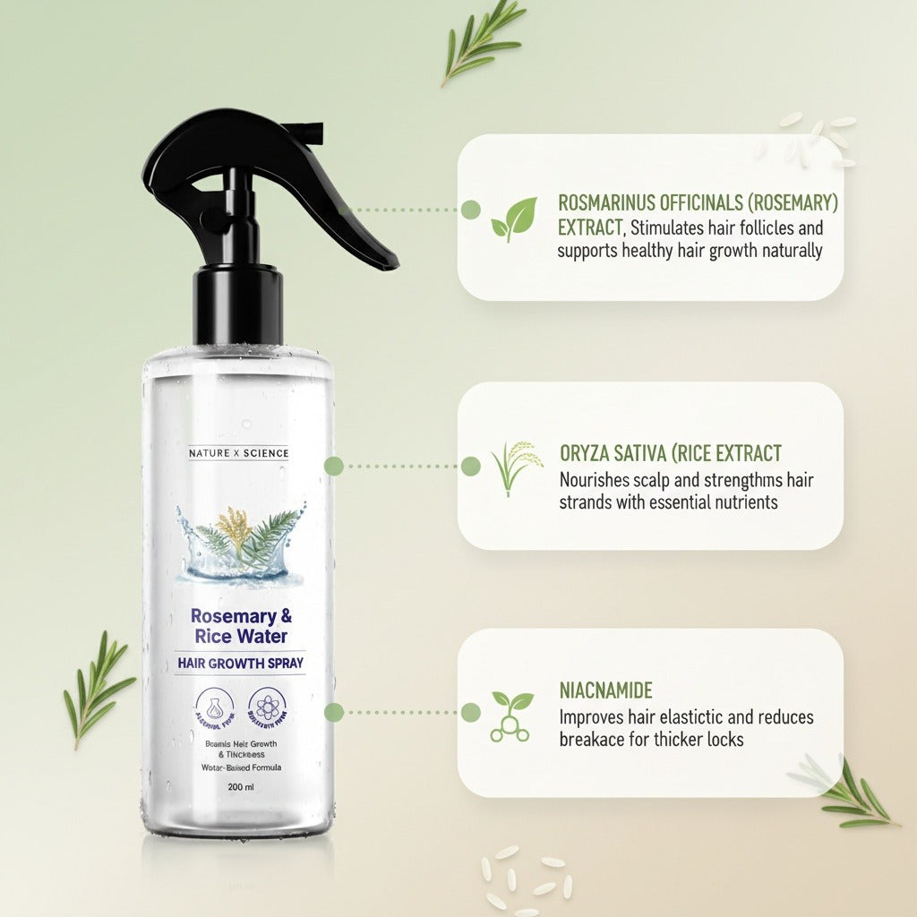 Hair growth spray bottle with ingredients labeled on a light green background