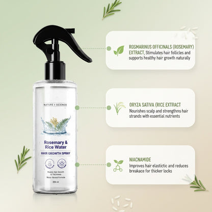 Hair growth spray bottle with ingredients labeled on a light green background