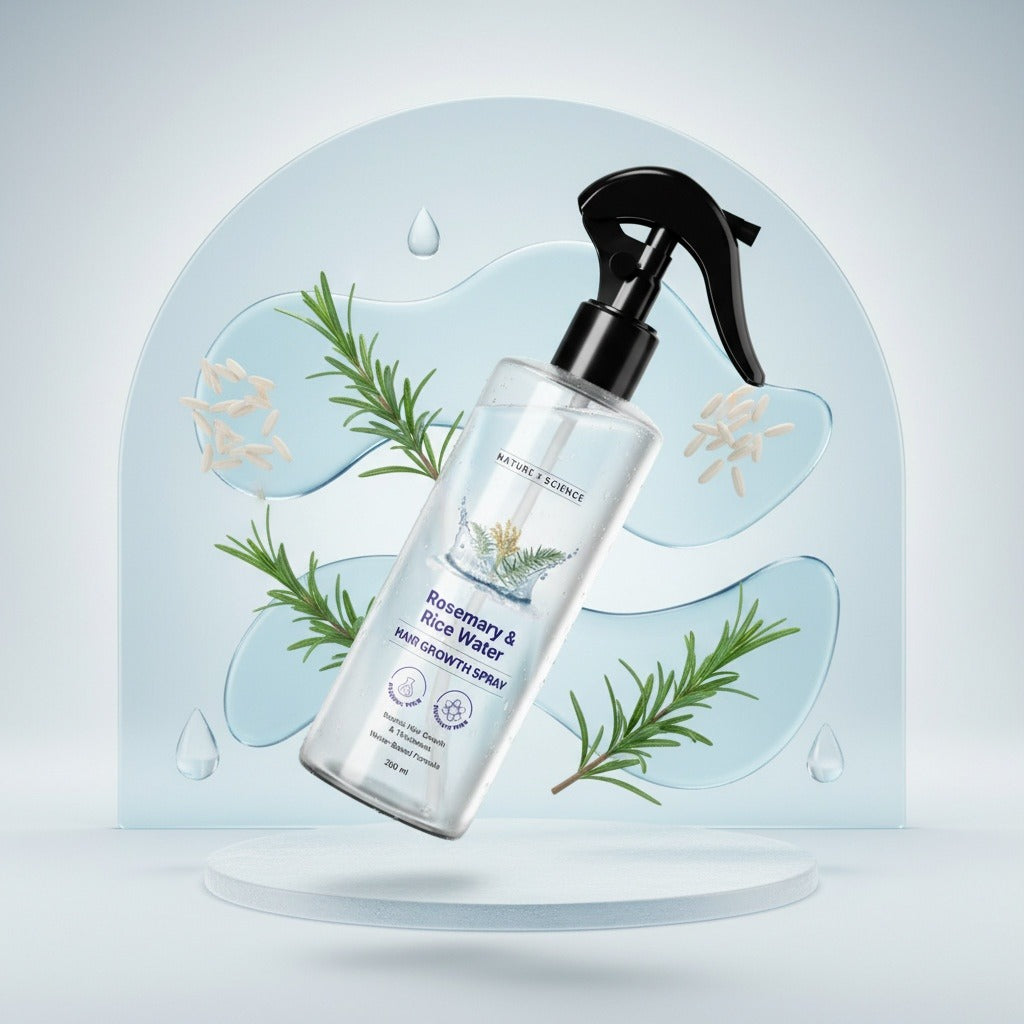 Hand wash spray bottle with rosemary and mint leaves on a light blue background