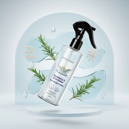 Hand wash spray bottle with rosemary and mint leaves on a light blue background