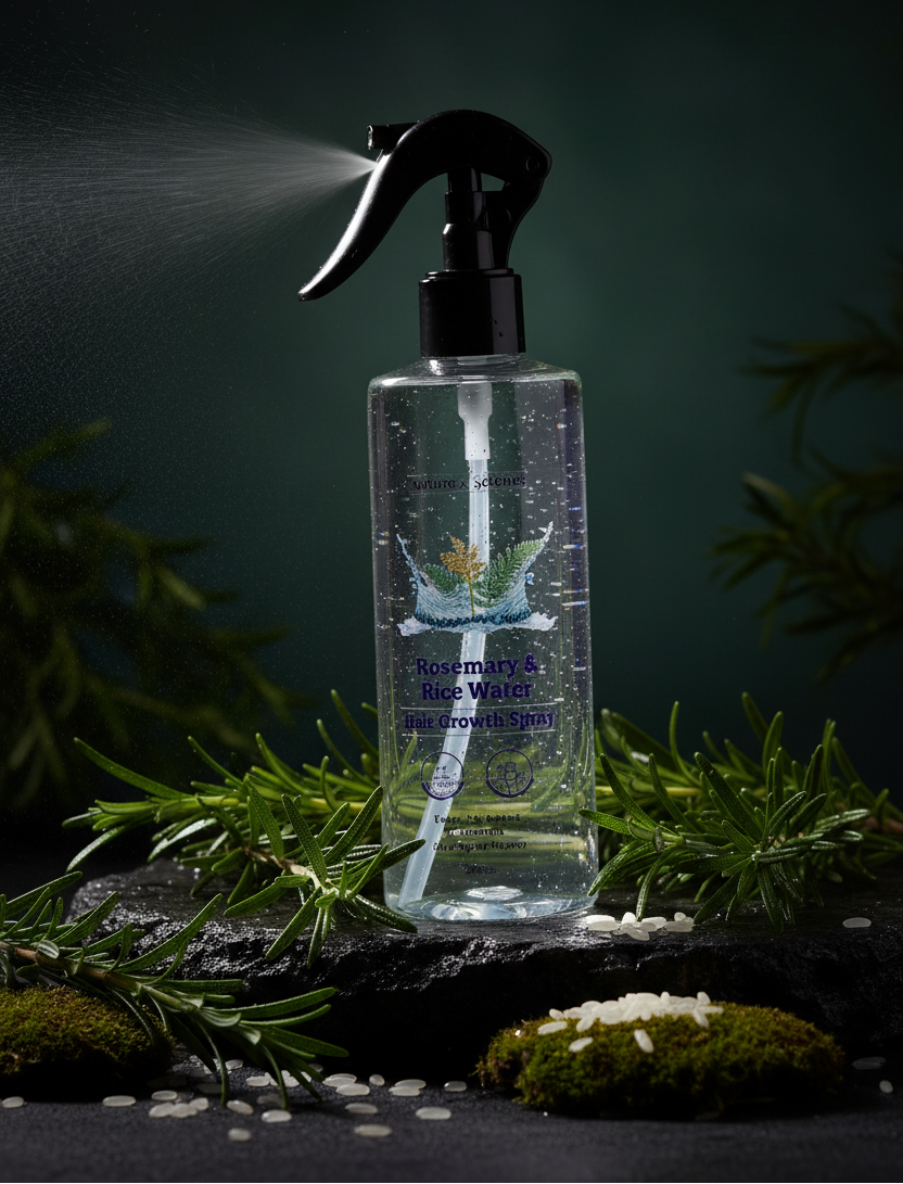 A clear spray bottle labeled Rosemary & Rice Water mist, shown spraying with a fine mist. The bottle is styled on a dark stone surface with green rosemary sprigs and small white rice grains against a dark green background.